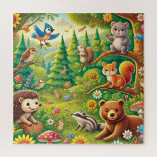Whimsical Woodland Scene with Cute Animals Jigsaw Puzzle