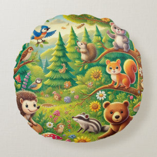 Whimsical Woodland Scene with Cute Animals Round Cushion