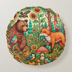 Whimsical Woodland Scene with Cute Animals Round Cushion