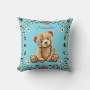 Whimsical Woodland Teddy Bear Blue Nursery Cushion
