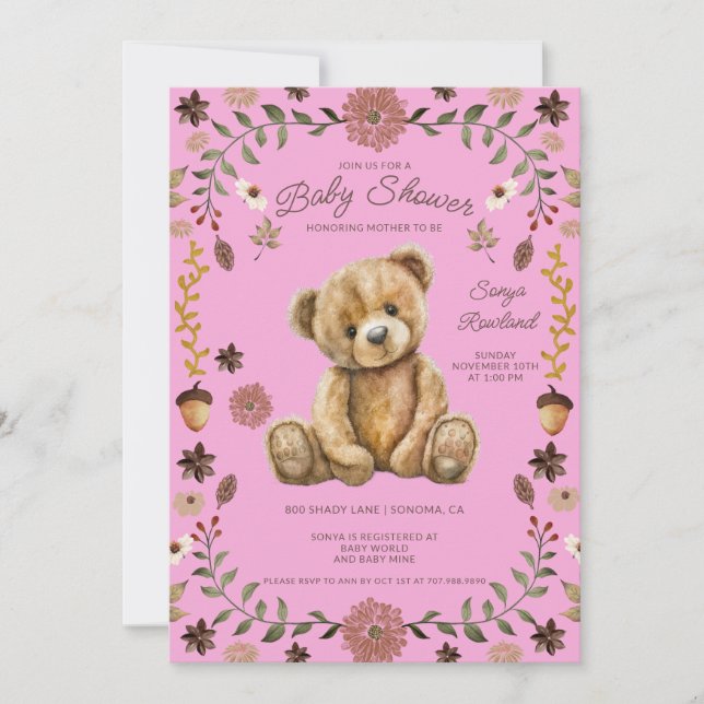 Whimsical Woodland Teddy Bear Pink Baby Shower Invitation (Front)