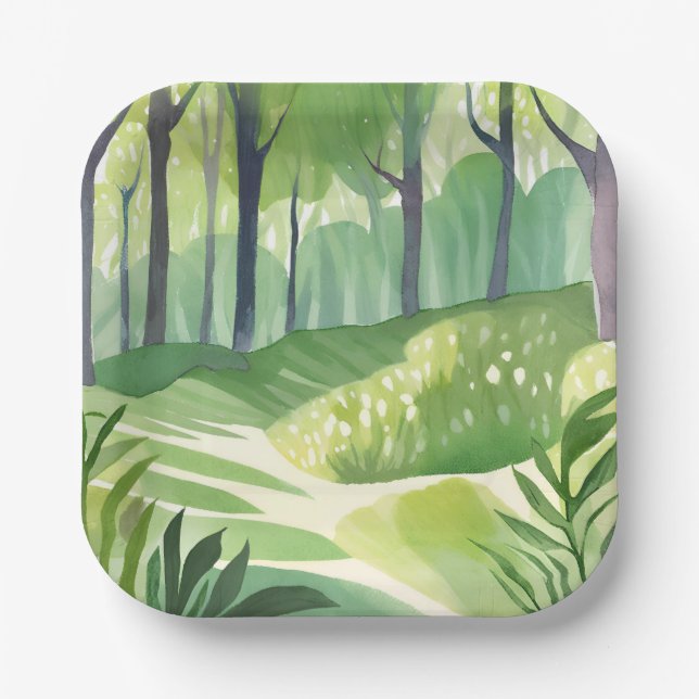 Whimsical Woods | Forest Watercolor Landscape Paper Plate (Front)