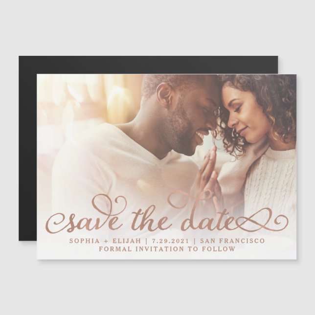 Whimsical Words | Rose Gold Photo Save The Date Magnetic Invitation (Front/Back)