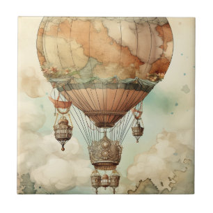 Whimsical World Globe Balloon Antique Teal Ceramic Tile
