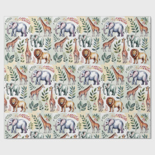 Whimsical wrapping paper featuring elephants, lion