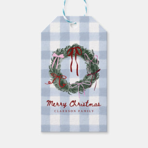 Whimsical Wreath Blue Gingham Christmas Gift Tags