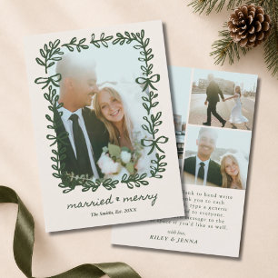Whimsical Wreath Bow Just Married 4 Photo Wedding Holiday Card