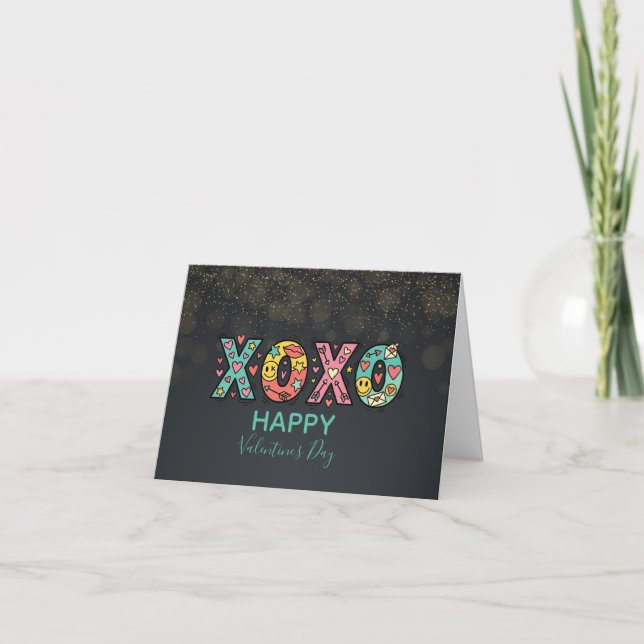 Whimsical "XOXO"Hearts Happy Valentine's Day Card (Front)