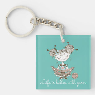 Whimsical Yarn Lover Girl   Key Ring