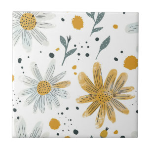 Whimsical Yellow and White Floral Pattern Ceramic Tile