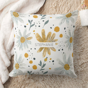 Whimsical Yellow and White Floral Pattern Cushion