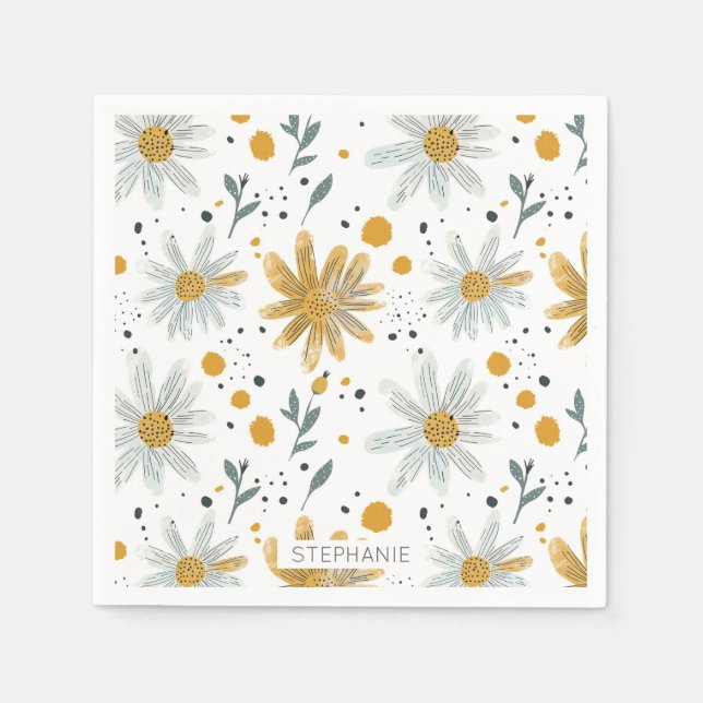 Whimsical Yellow and White Floral Pattern Napkin (Front)