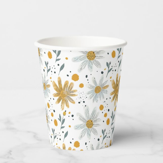 Whimsical Yellow and White Floral Pattern Paper Cups (Front)