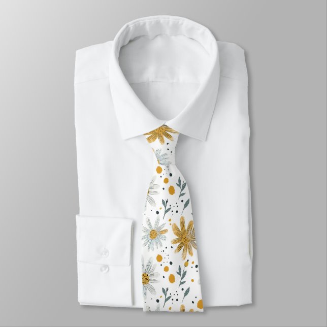 Whimsical Yellow and White Floral Pattern Tie (Tied)