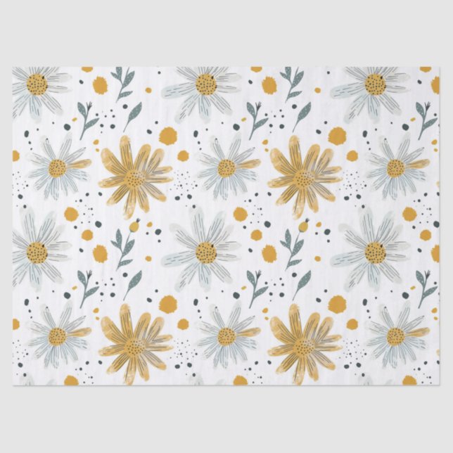 Whimsical Yellow and White Floral Pattern Tissue Paper (Front)