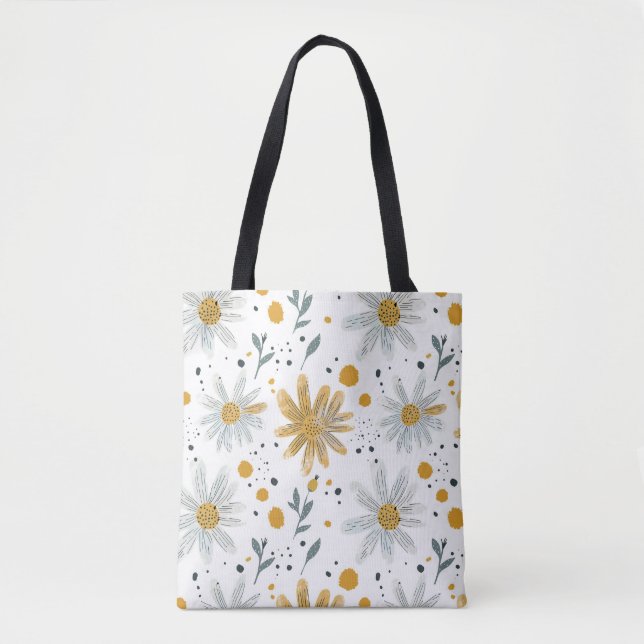 Whimsical Yellow and White Floral Pattern Tote Bag (Front)