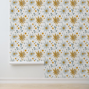 Whimsical Yellow and White Floral Pattern Wallpaper