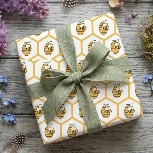 Whimsical Yellow Beehive and Bumblebee Pattern Wrapping Paper (Springtime beehive pattern wrapping gift)