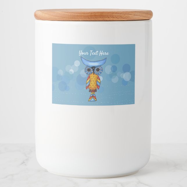Whimsical Yellow Blue Owl Colourful Feathers Circl Food Label (Front)