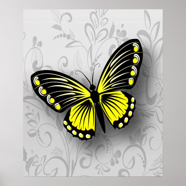 Whimsical Yellow Butterfly on Grey Floral Poster (Front)