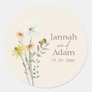Whimsical Yellow Daisy Wildflower Wedding Classic Round Sticker