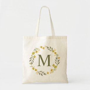 Whimsical Yellow Floral Wreath Monogram Tote Bag