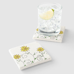 Whimsical Yellow Flower Doodle Art Stone Coaster