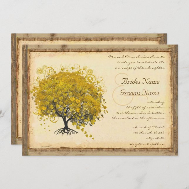 Whimsical Yellow Heart Tree Wedding Invitation (Front/Back)
