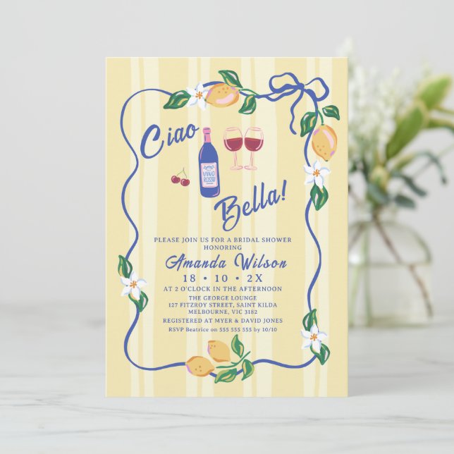 Whimsical Yellow Strip Ciao Bella Bridal Shower Invitation (Standing Front)