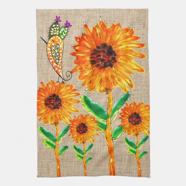 Whimsical Yellow Sunflowers and Bird Kitchen Towel (Vertical)