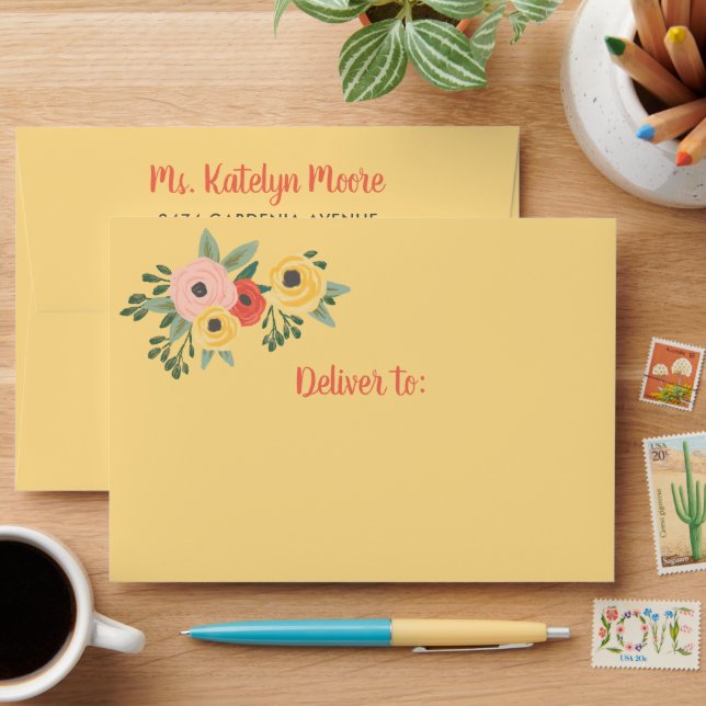 Whimsical Yellow Watercolor Floral Envelope (Desk)