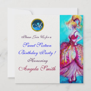 WHIMSICAL YOUNG GIRL SWEET 16 PARTY GEM MONOGRAM INVITATION