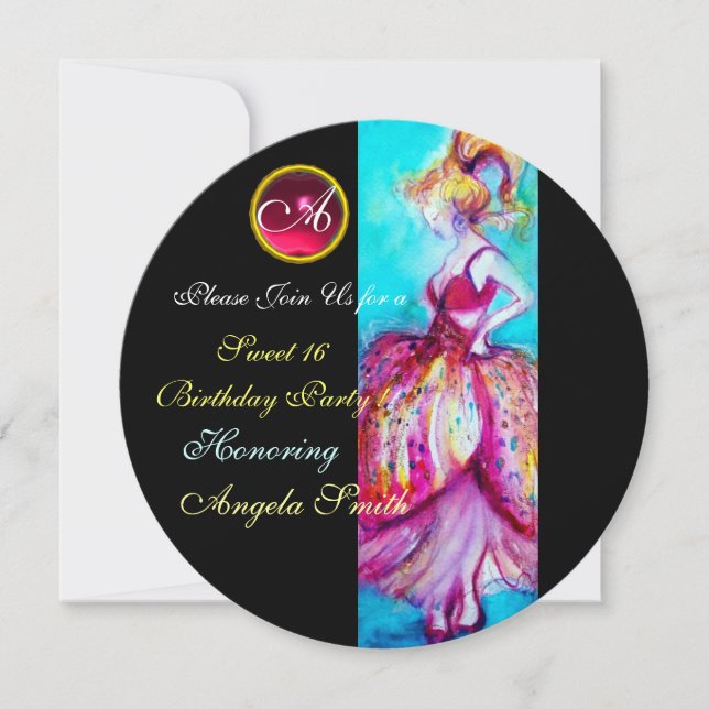 WHIMSICAL YOUNG GIRL SWEET 16 PARTY GEM MONOGRAM INVITATION (Front)