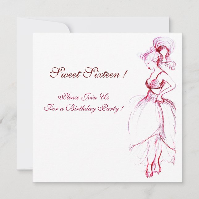 WHIMSICAL YOUNG GIRL SWEET 16 PARTY,red pink white Invitation (Front)