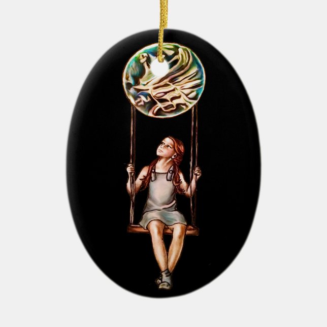 Whimsical Young Girl Swinging on Blur Orb Ceramic Tree Decoration (Front)