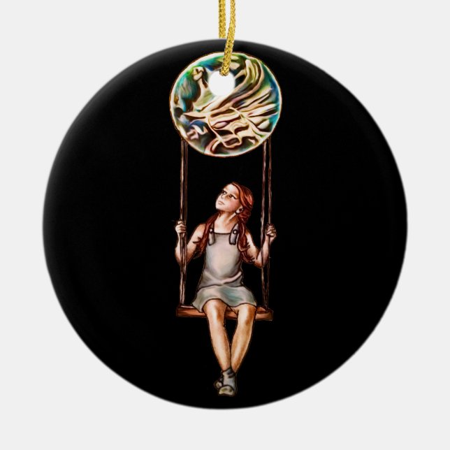 Whimsical Young Girl Swinging on Blur Orb Ceramic Tree Decoration (Front)