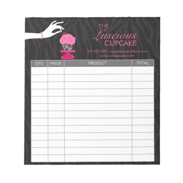 Whimsical Zebra Cupcake Bakery Receipts Notepad (Front)