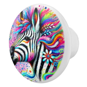 Whimsical Zebra Floral Pink Teal Green Daisy  Ceramic Knob