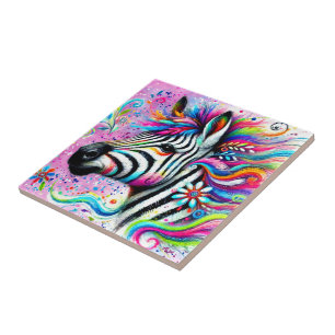 Whimsical Zebra Floral Pink Teal Green Daisy Ceramic Tile