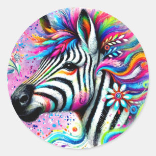 Whimsical Zebra Floral Pink Teal Green Daisy Classic Round Sticker
