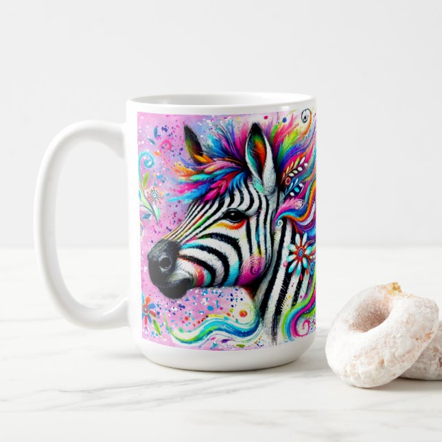Whimsical Zebra Floral Pink Teal Green Daisy  Coffee Mug (With Donut)