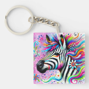 Whimsical Zebra Floral Pink Teal Green Daisy Key Ring