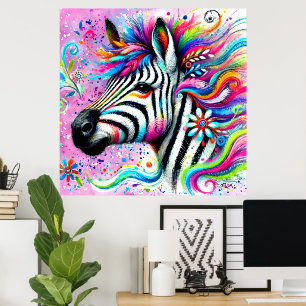 Whimsical Zebra Floral Pink Teal Green Daisy  Poster