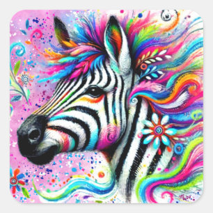 Whimsical Zebra Floral Pink Teal Green Daisy Square Sticker