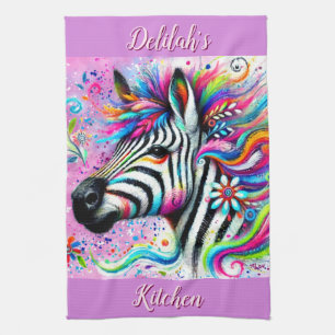 Whimsical Zebra Floral Pink Teal Green Daisy  Tea Towel