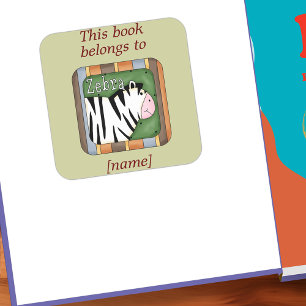Whimsical Zebra This Book Belongs Bookplate Square Sticker