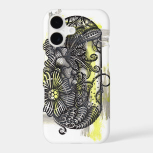 Whimsical Zen Doodle Monochrome Flowers Yellow Acc
