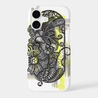 Whimsical Zen Doodle Monochrome Flowers Yellow Acc