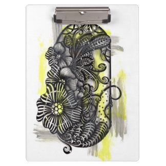 Whimsical Zen Doodle Monochrome Flowers Yellow Acc Clipboard
