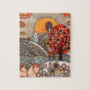 Whimsical Zentangle Deer and Autumn Forest Jigsaw Puzzle